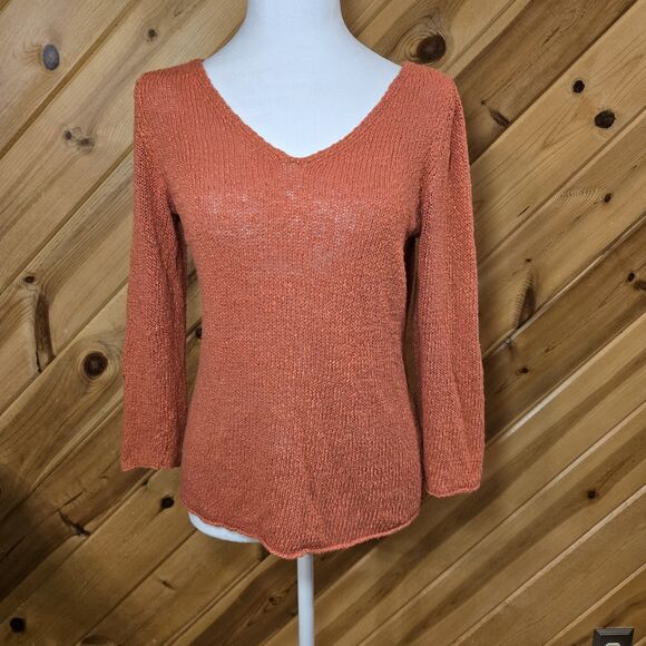 Eileen Fisher  Italian Yarn Sweater Orange Size Medium V Neck Viscose Linen Knit - Picture 1 of 8